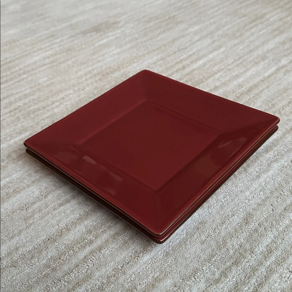Set of 2 POTTERY BARN CHINA Salad Appetizer Plates Asian Square Paprika (Red) 8”